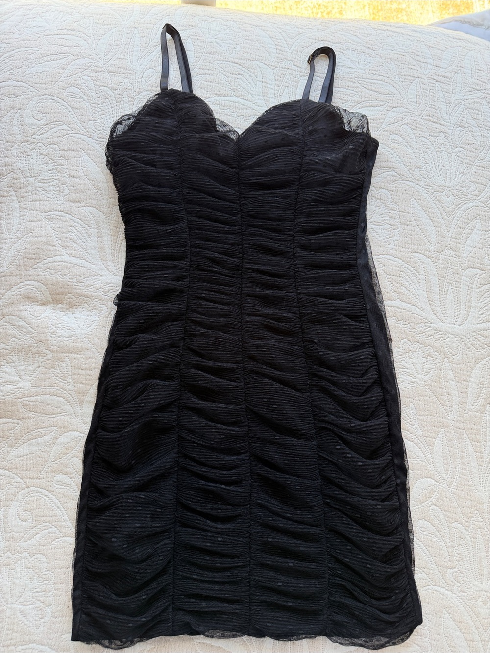 Haute Monde Black Ruched Mini Dress with Spaghetti Straps